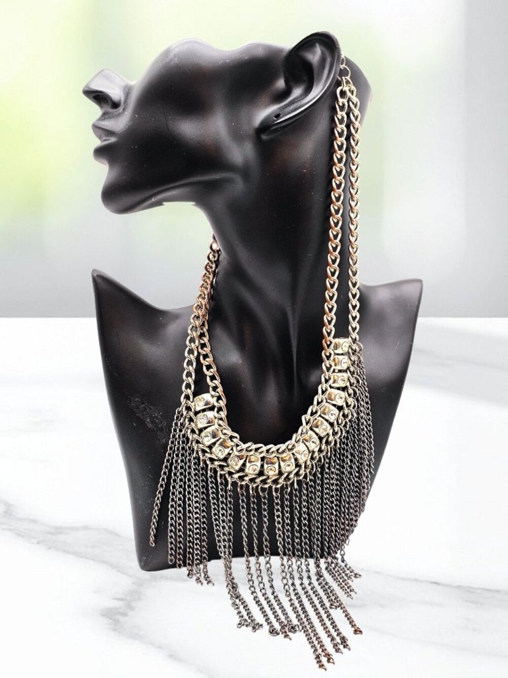 Statement Fringe Chain Bib Necklace Silver Tone Rhinestone Layered Collar